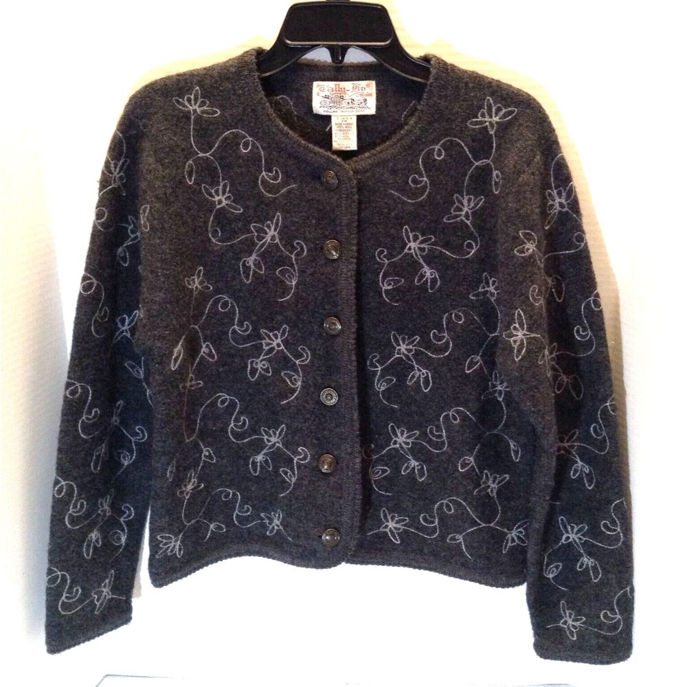 Vtg Tally Ho Cardigan Sweater Wn M (PET) Gray Whimsy 100% Wool Old Money Granny